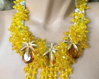 Pineapples Tropical Collar Necklace – Yellow Faceted Plastic Fringe Cha Cha Beads – OOAK