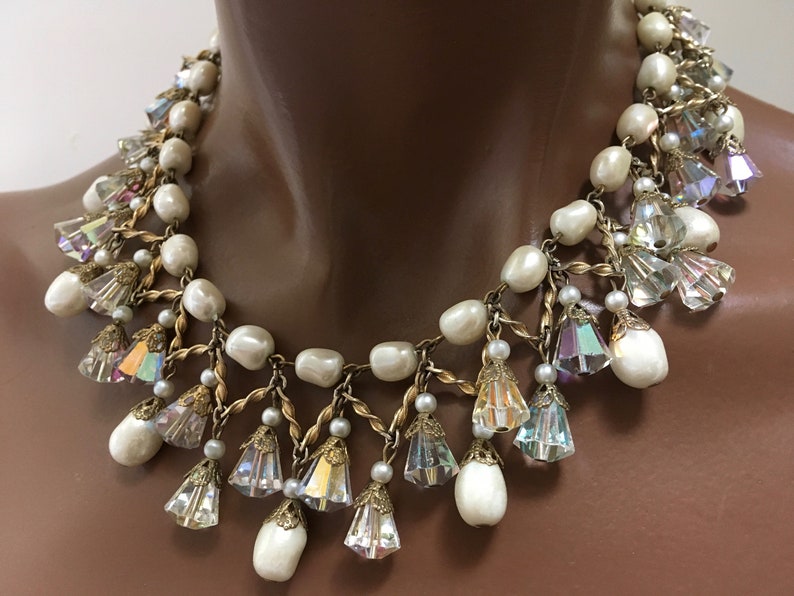 Vendome Crystal Pearl Drippy Fringe Collar Necklace \u2013 High End Costume \u2013 1950s Jewelry