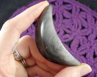 Silver Sheen Obsidian Crescent Moon Carving Crystals Magick Stones Moonchild Starseed polished carved black