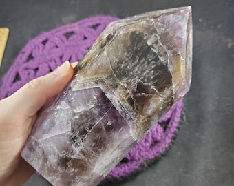 Super 7 Amethyst Cacoxenite XL Polished Tower Point Sacred Seven Crystal Melody stone Brazil Standing Generator dark purple extra large