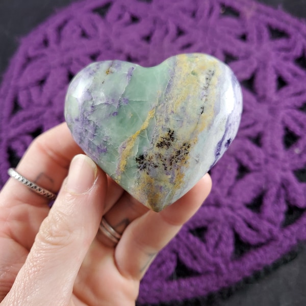 Bolivianite Serpentine in Fluorite Heart Shaped Stone Crystal Carving Rare Crystals Bolivia Green Serpentine Purple fluorite