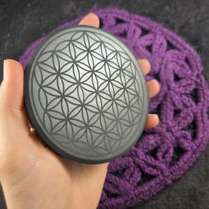 Etched Shungite Circle Flower of Life Etching Slab Polished Crystals Charging Plate Black Moonchild Starseed circular round disc