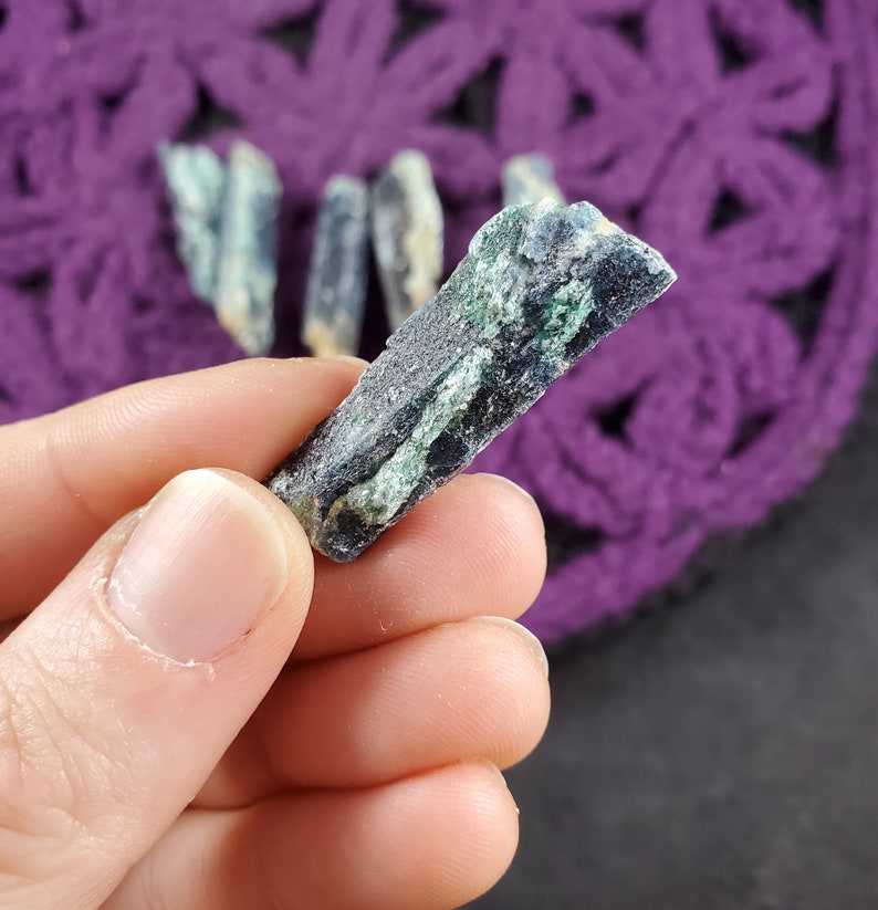 6 Blue Kyanite Blades with Fuchsite Natural Raw Crystal Stones Rough Blue Green Gridding Set cleansing third eye chakra Zimbabwe Africa image 2