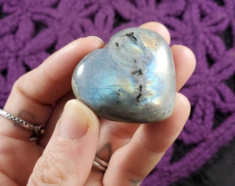 Labradorite Pocket Heart Crystal Stones Crystals Orange Blue Green Flash Flashy small carving carved shape rock