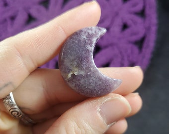 Lepidolite in Quartz Crescent Moon Carving Crystals Magick Stones Starseed polished moonchild lepidolite mica dark purple