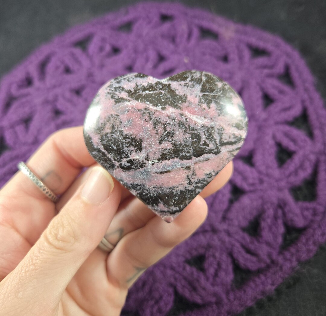 Pink and Black Rhodonite Heart Shaped Stone Crystal Polished Love Pink ...