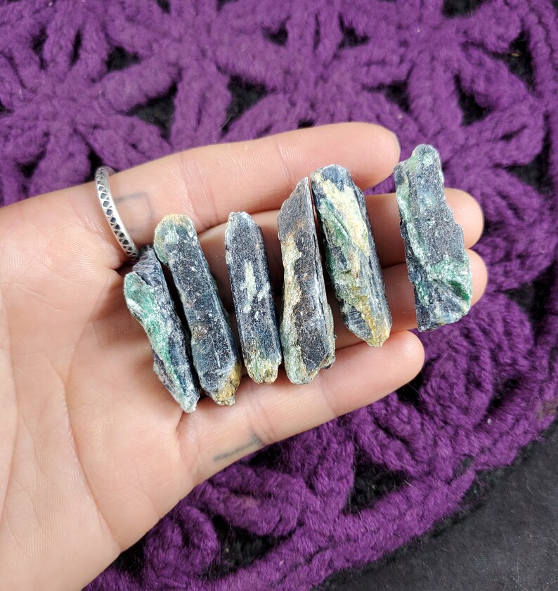 6 Blue Kyanite Blades with Fuchsite Natural Raw Crystal Stones Rough Blue Green Gridding Set cleansing third eye chakra Zimbabwe Africa image 1