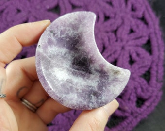 Lepidolite Crescent Moon Bowl Carving Crystals Purple Mica Magick Stones Moonchild polished carved Jewelry Dish Offering Bowl