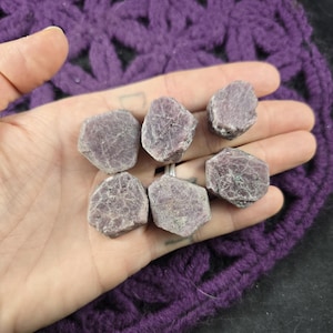 May include: Six rough-cut, purplish-red gemstones are displayed in a hand. The stones have a textured surface and irregular shapes. The background is a dark purple, open-weave fabric.