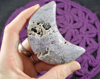 Sphalerite Crescent Moon Carving Crystals Magick Stones Starseed polished moonchild dark purple fluorite vugs