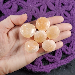 6 Peach Selenite Tumbled Polished Crystal Orb Stones UFO Crystals Cylinders Unique orange gridding