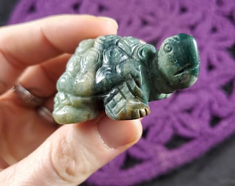 Moss Agate Turtle Carving Gemstones Stones Crystals Totem Animal green carved land turtle