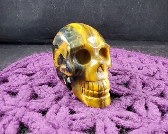 Tiger Eye Skull Polished Crystal Stones Carved Crystals hand carving shiny blue gold tigers eye skulls memento mori