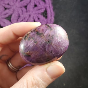 May include: A purple and black gemstone with a smooth, polished surface. The stone has a swirling pattern and is shaped like an oval.