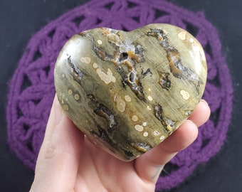 Large Ocean Jasper Heart Crystal Carved Stones Crystals Unique yellow green vugs orbital orbicular carving