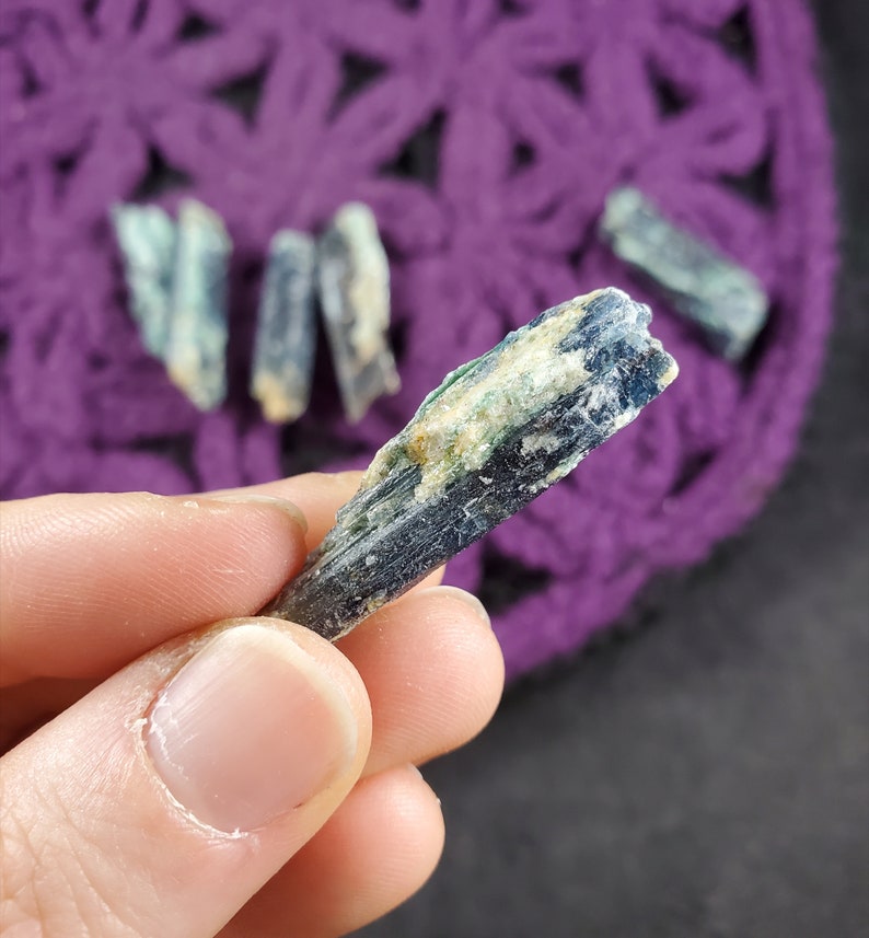 6 Blue Kyanite Blades with Fuchsite Natural Raw Crystal Stones Rough Blue Green Gridding Set cleansing third eye chakra Zimbabwe Africa image 3