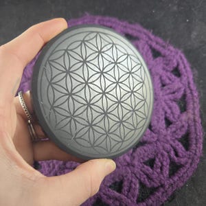 Etched Shungite Circle Flower of Life Etching Slab Polished Crystals Charging Plate Black Moonchild Starseed circular round disc