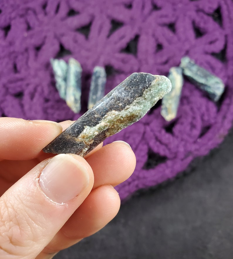 6 Blue Kyanite Blades with Fuchsite Natural Raw Crystal Stones Rough Blue Green Gridding Set cleansing third eye chakra Zimbabwe Africa image 4