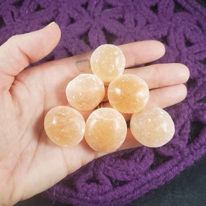 6 Peach Selenite Tumbled Polished Crystal Orb Stones UFO Crystals Cylinders Unique orange gridding