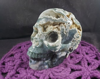 Large Moss Agate Skull Polished Crystal Stones Carved Crystals hand carving green white druzy vugs realistic skulls memento mori