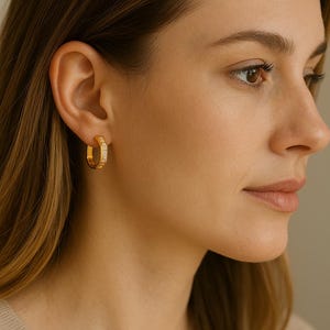 Gold Hexagon Huggie Hoop Earrings | Dainty Geometric Earrings | 14k Gold Plated Minimalist Earrings | Small Everyday Hoops for Women