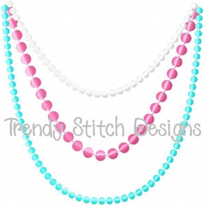 May include: Three strands of beaded garland, one turquoise, one pink, and one white.