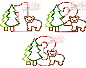 Forest Bear Birthday Applique Design Machine Embroidery Design INSTANT DOWNLOAD Numbers LumberJack Lumber Jack