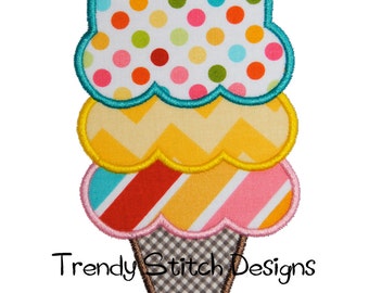 Ice Cream 3 Applique Design Machine Embroidery Design 3 scoop  Icecream cone INSTANT DOWNLOAD