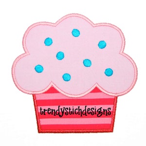 May include: Pink cupcake with blue sprinkles and a red and white striped base. The cupcake has the text "trendystichdesigns" on the base.