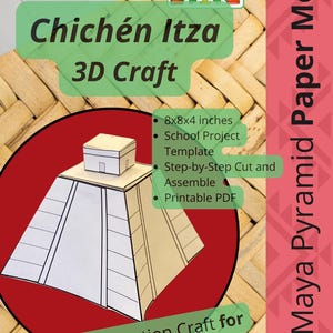 Könnte beinhalten: Druckbarer 3D-Papiermodell der Chichén Itzá-Pyramide, ein antikes Maya-Bauwerk. Das Modell ist 20,3 x 20,3 x 10,2 cm groß und enthält Schritt-für-Schritt-Anleitungen zum Zusammenbauen. Dieses Bastelset ist für Kinder und Erwachsene geeignet.
