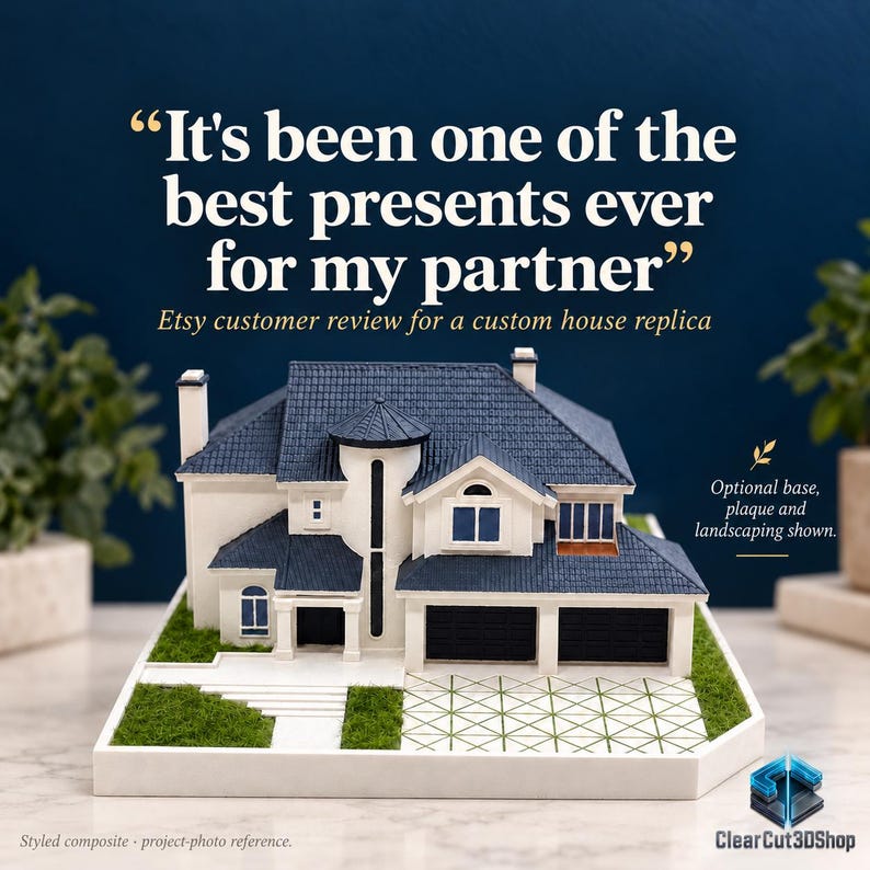 Etsy customer review: It's been one of the best presents ever for my partner. Styled white-house model example; the quote is not attributed to this particular model. Optional base, plaque and landscaping shown.