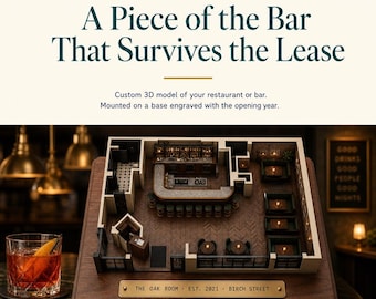 May include: A 3D model of a bar, mounted on a wooden base. The model features a detailed interior with a bar, tables, and lighting. The base has a brass plaque that reads "THE OAK ROOM EST. 2021 BIRCH STREET". The text "A Piece of the Bar That Survives the Lease" is at the top.