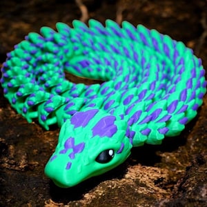 3D Printed Articulating Dragon Snake – Flexible Fidget Reptile Toy | Green & Purple Fantasy Creature