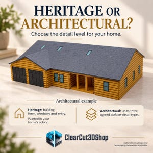 ClearCut3DShop: Heritage and Architectural comparison cards beneath a yellow timber-style Architectural model example.