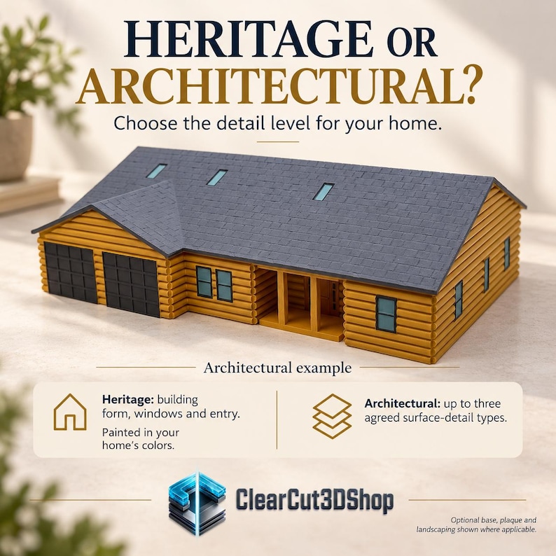 ClearCut3DShop: Heritage and Architectural comparison cards beneath a yellow timber-style Architectural model example.