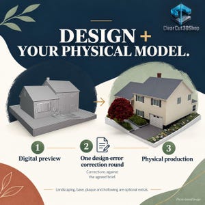 Design plus your physical model: grey digital preview and finished cream miniature illustrate the included workflow, one design-error correction round against the agreed brief, then physical production. Landscaping, base and hollowing cost extra.