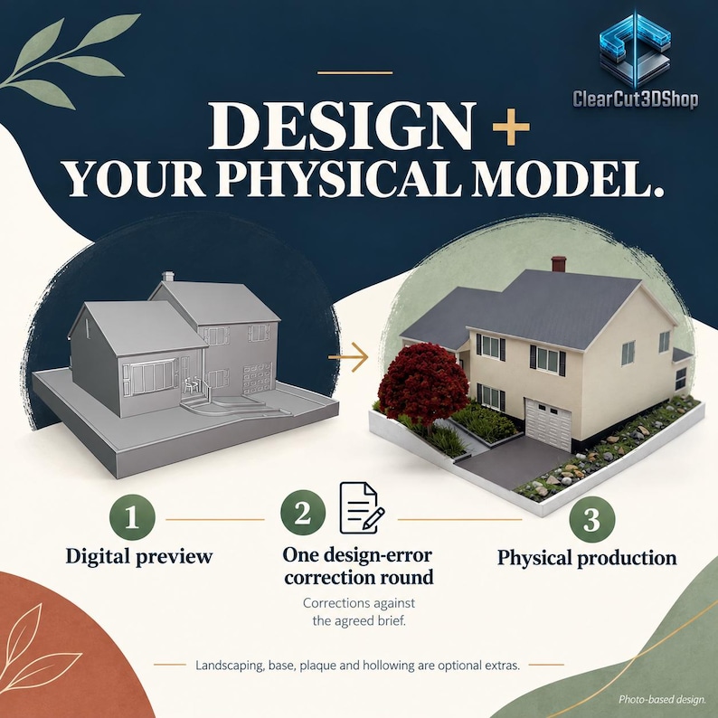 Design plus your physical model: grey digital preview and finished cream miniature illustrate the included workflow, one design-error correction round against the agreed brief, then physical production. Landscaping, base and hollowing cost extra.