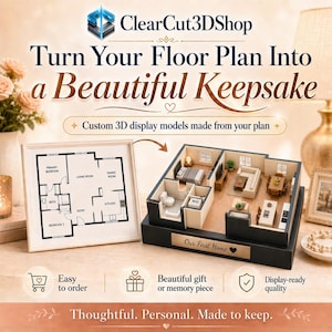 May include: A custom 3D display model of a home floor plan, with detailed miniature furniture and fixtures. The model sits on a black base with the text "Our First Home". A framed floor plan drawing is also displayed. The image includes the text "Turn Your Floor Plan Into a Beautiful Keepsake".