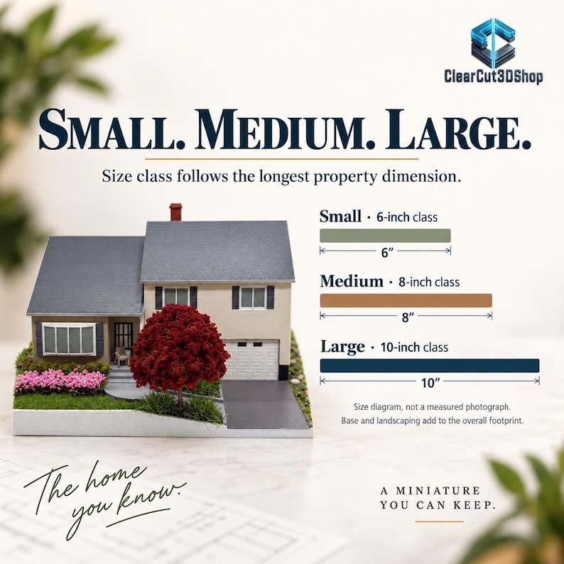 Size-class diagram with bars for Small 6-inch, Medium 8-inch and Large 10-inch classes, based on the longest property dimension. One cream model is an example, not a measured scale photograph. Base and landscaping add to the footprint.