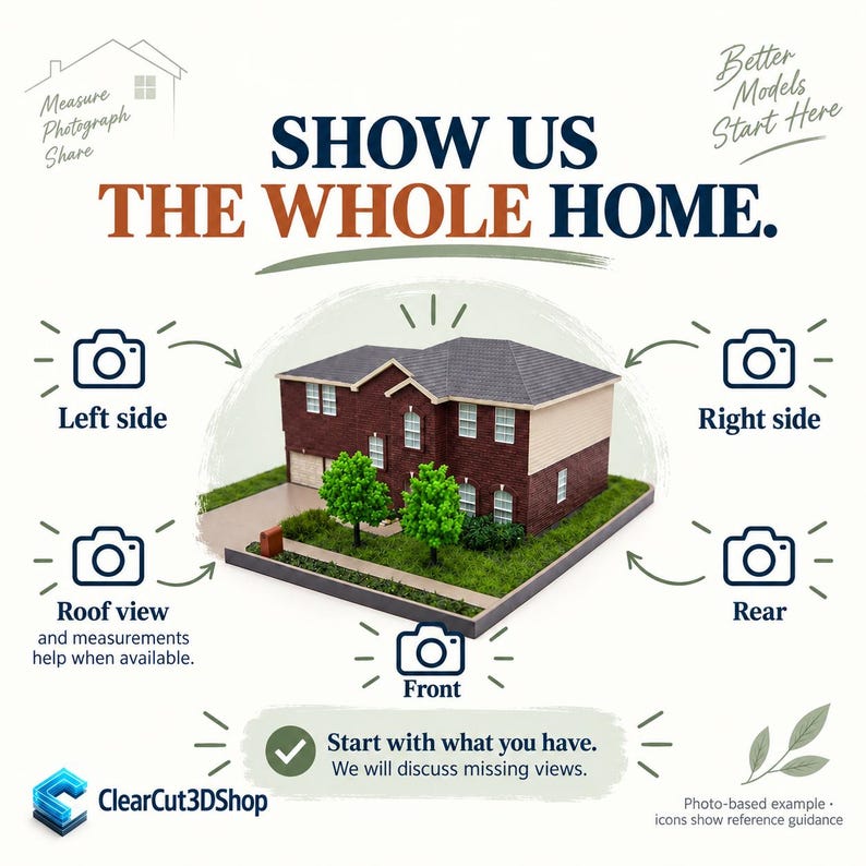 Photo-reference checklist with camera icons for front, rear, left side, right side and an elevated roof view when available. A single red-brick miniature is an example. Start with what you have; icons are guidance, not project photographs.