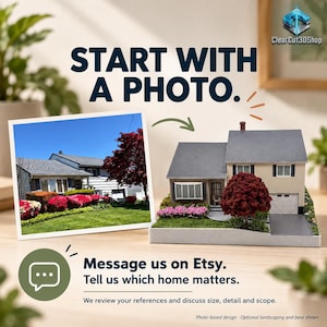 Start With a Photo: a house reference and cream miniature invite buyers to message ClearCut3DShop on Etsy with the home that matters. References, size, detail and scope are reviewed together. Photo-based styled design; extras are optional.