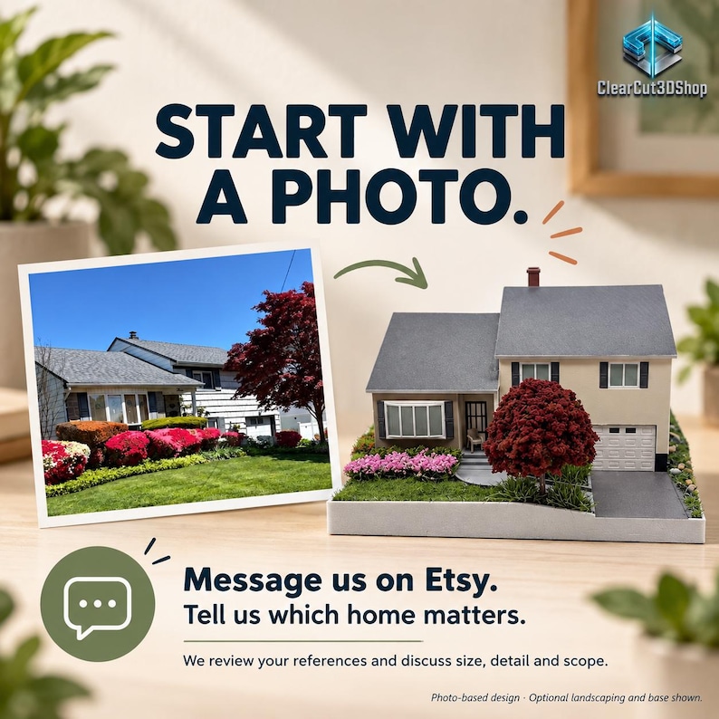 Start With a Photo: a house reference and cream miniature invite buyers to message ClearCut3DShop on Etsy with the home that matters. References, size, detail and scope are reviewed together. Photo-based styled design; extras are optional.