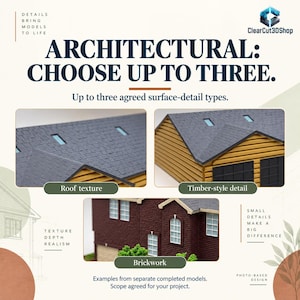 Architectural detail guide: choose up to three agreed surface-detail types. Photo-based example crops show roof texture, timber-style walls and brickwork from different completed models. Features depend on the scope agreed for your project.