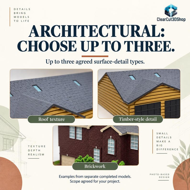 Architectural detail guide: choose up to three agreed surface-detail types. Photo-based example crops show roof texture, timber-style walls and brickwork from different completed models. Features depend on the scope agreed for your project.