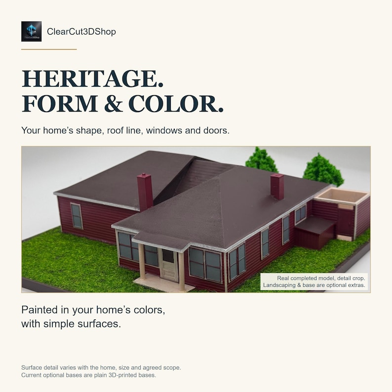 ClearCut3DShop Heritage: real completed red cottage with painted roof, trim, windows and doors. Includes the home's shape and colors with simple surfaces. Surface detail varies by scope; landscaping and base are optional extras.