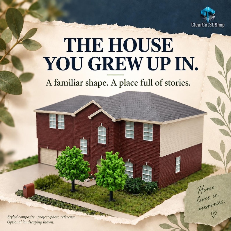 Styled composition of a red-brick and cream house miniature with grey roofs and green planting. The House You Grew Up In headline presents a childhood-home keepsake idea. Optional landscaping is shown.