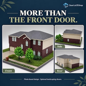 Photo-based front, side and rear views of the same red-brick house miniature on a dark navy graphic. More Than the Front Door highlights the model's different sides. Optional landscaping is shown.
