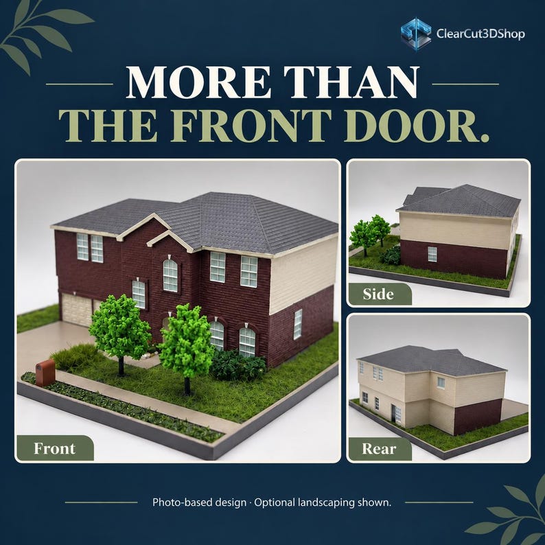 Photo-based front, side and rear views of the same red-brick house miniature on a dark navy graphic. More Than the Front Door highlights the model's different sides. Optional landscaping is shown.