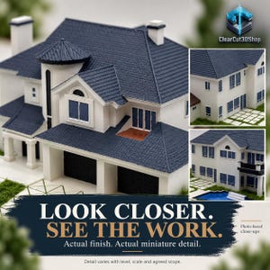 Photo-based close-ups of a white residence miniature show navy roof texture, windows and shaped entrance details. Look Closer. See the Work. Surface details depend on the agreed scope and scale.