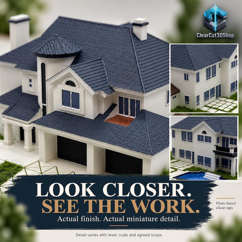 Photo-based close-ups of a white residence miniature show navy roof texture, windows and shaped entrance details. Look Closer. See the Work. Surface details depend on the agreed scope and scale.
